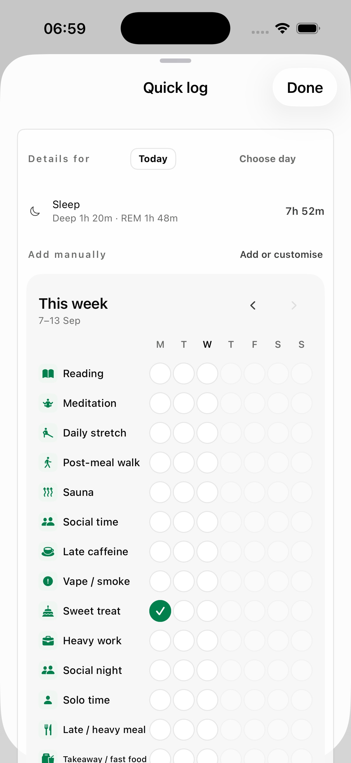 Weekly Quick Log grid showing reading, meditation and routine items. Example data.