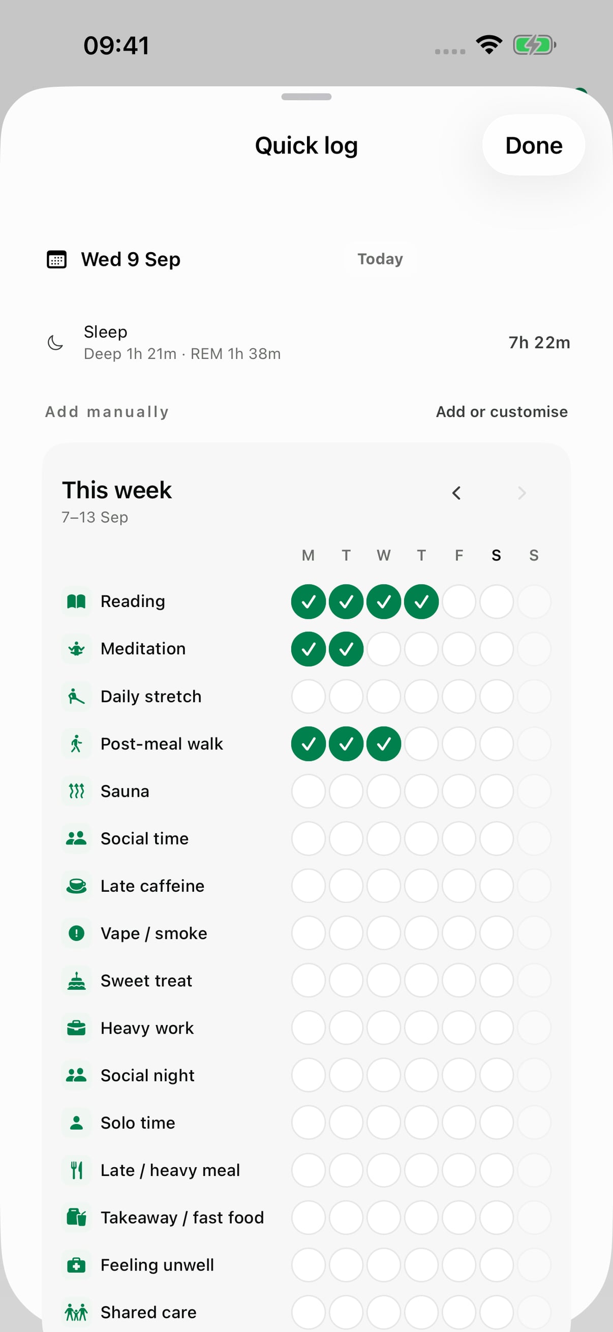 daygauge Quick Log showing weekly habit check-ins.