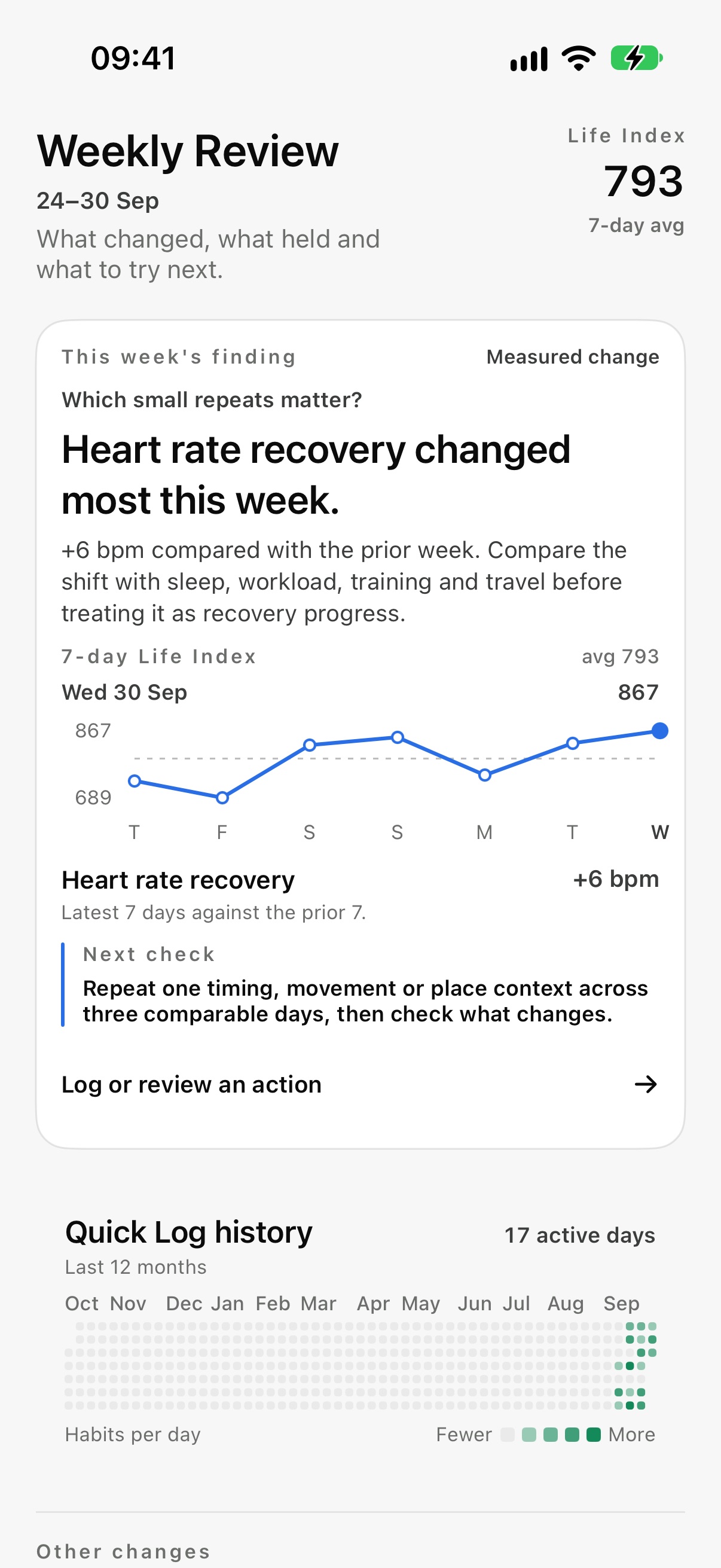 daygauge Weekly Review showing the week's biggest measured change, a 7-day Life Index and a next check.