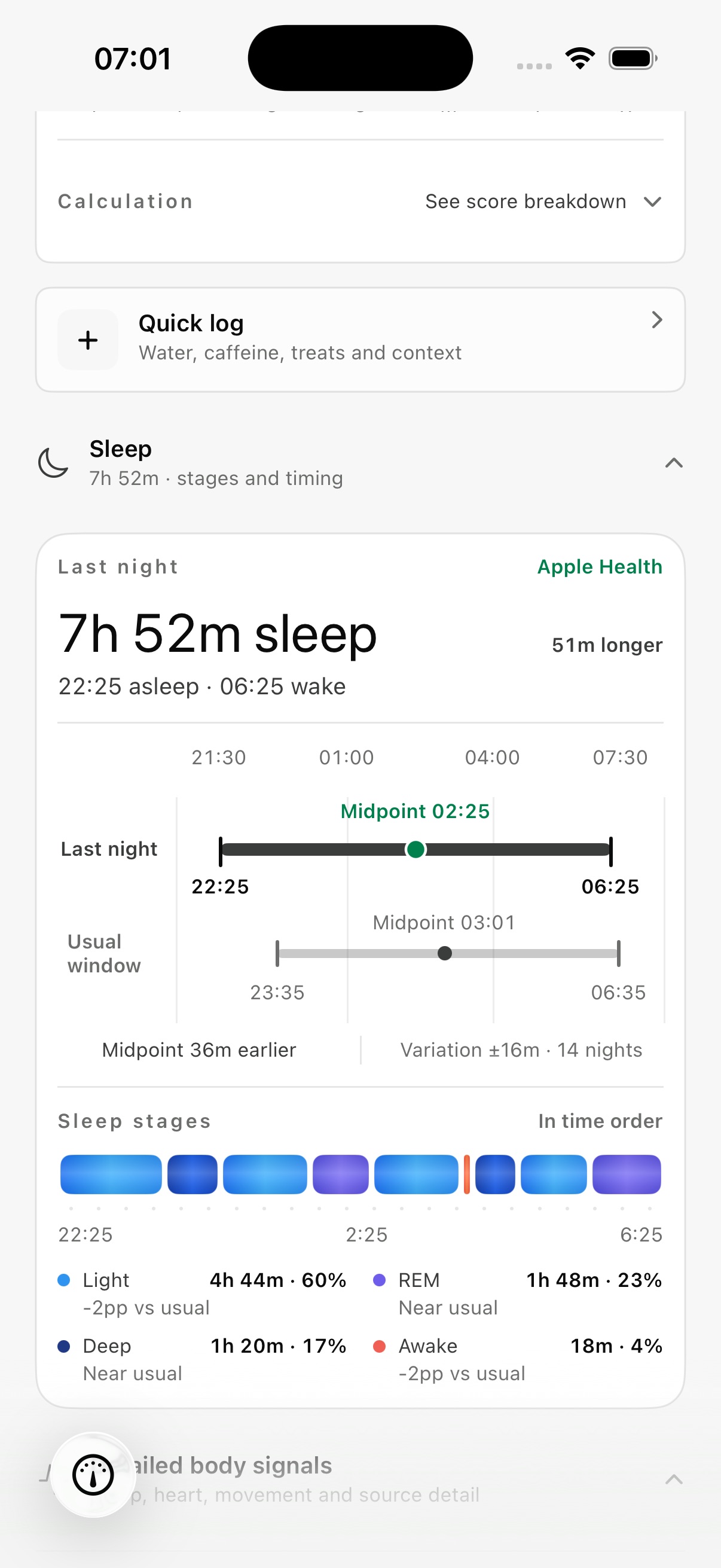 Sleep compared with the usual window, followed by chronological stages. Example data.