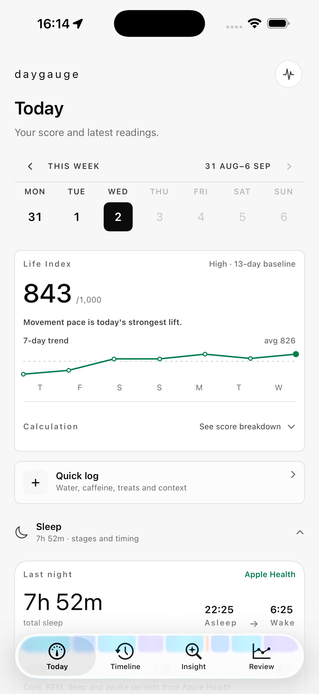 Today screen in the current daygauge native iOS TestFlight build